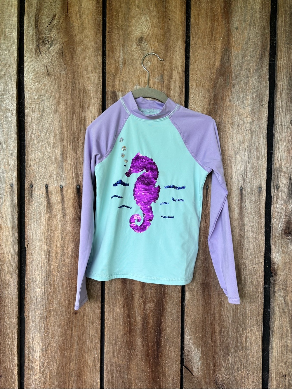 Lands' End Girls Small 6-7 Seahorse Rash Guard Swim Top UPF Purple Aqua Flip Seq